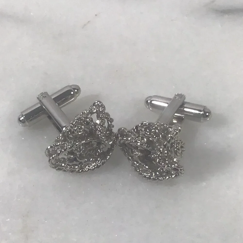 Vintage Silver Tone Braided Rope Knot Cufflinks - Ornate Textured Design